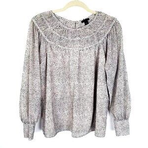 Ann Taylor Women's Cream Black Dotted Long Sleeve Classic Career Blouse sz Large